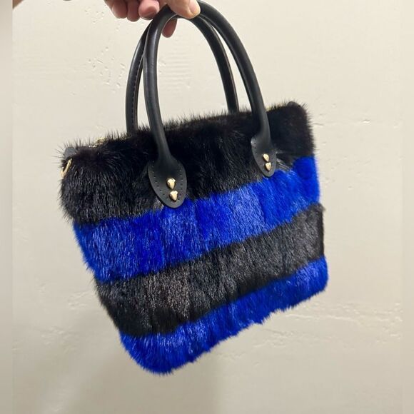 Striped Colorblock Handmade Real Mink Fur Mini Tote, Top Handle Bag, Crossbody - Picture 9 of 16